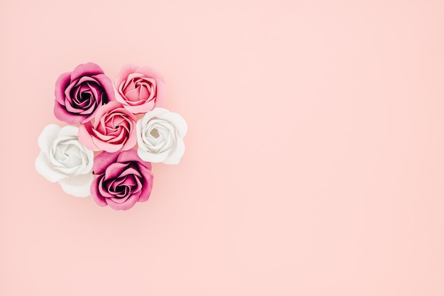 Vlak leg van wit, roze en paars op roze achtergrondpastelkleurtoon