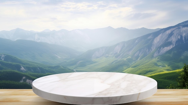 Vlak marmeren tafelblad met fundament van bergscène Creatieve bron AI gegenereerd