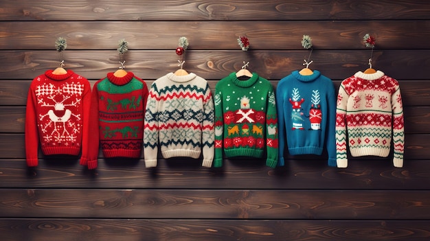 Vlak van kleurrijke National Ugly Christmas Sweater Day decoraties op een houten tafel