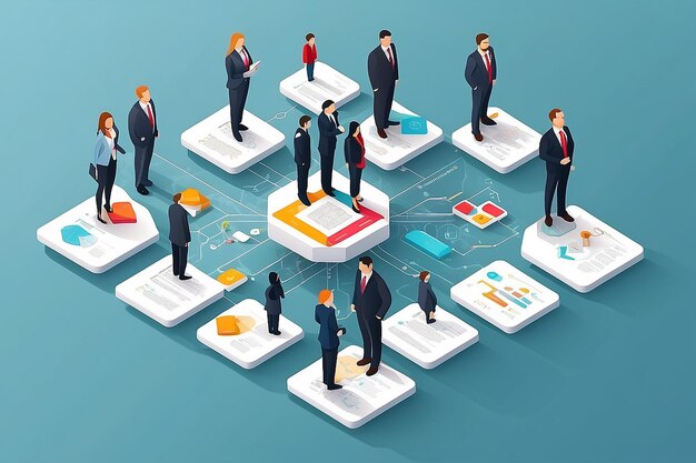 Vlakke 3D-isometrische infografische concept van een bedrijf bedrijfsdepartement teamdiagram structuur webconcept vector sjabloon Verbonden platform voetstukken groepen zakenmensen organisatiekaart