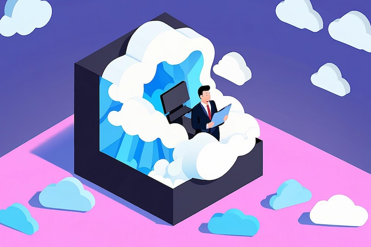 Foto vlakke 3d-isometrische zakenman die bestanden bewaart in een wolkvormige kamer
