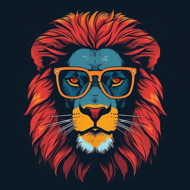 Vlakke afbeelding van een retro agressieve leeuw die een zonnebril draagt