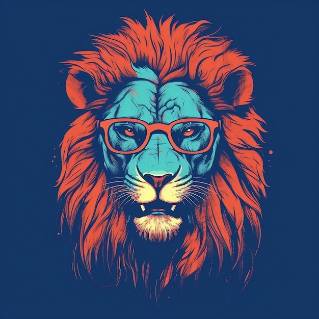 Vlakke afbeelding van een retro agressieve leeuw die een zonnebril draagt