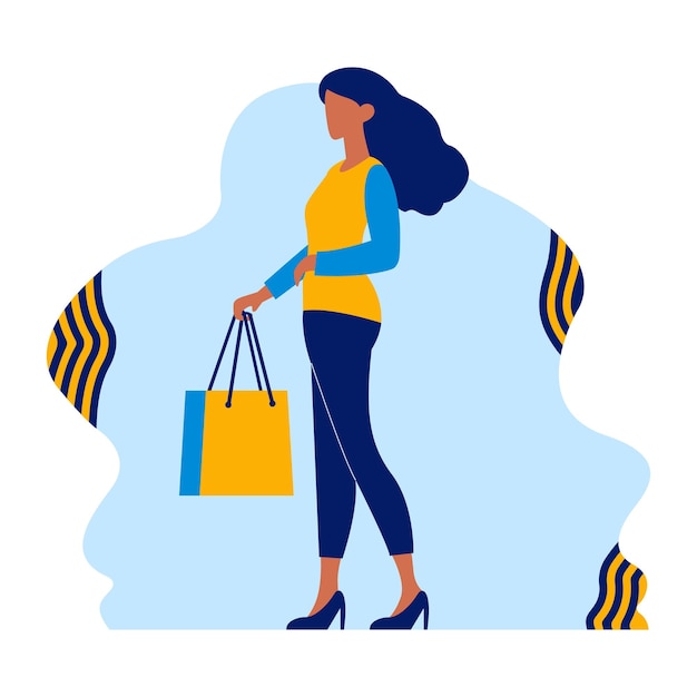 Vlakke illustratie van een mooi vrouwelijk personage met een boodschappenpapiertas