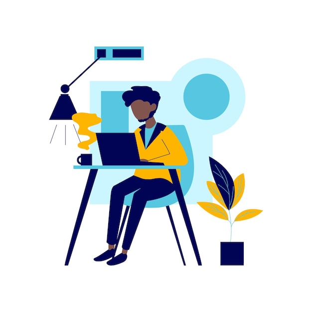 Vlakke illustratie van een zwarte werknemer die met een laptop op kantoor werkt
