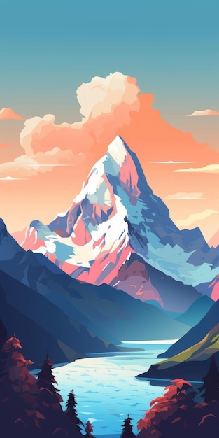 Foto vlakke vectorillustratie van het landschap van sunny mountain