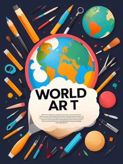 Vlakke wereldkunstdag verticale poster sjabloon met artistieke hulpmiddelen