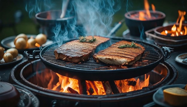 Vlam grillt vlees en creëert een heerlijke gezonde barbecue maaltijd in de open lucht