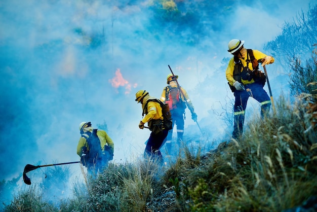 Vlambestrijding Schot van brandweerlieden die een natuurbrand bestrijden