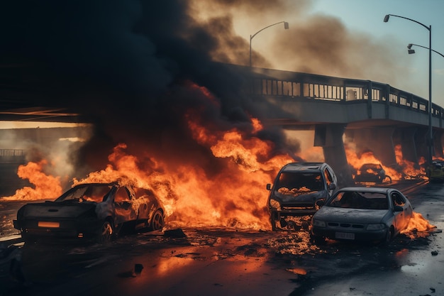 Vlammen consumeren een rij auto's als gevolg van een terroristische aanval op de brug.