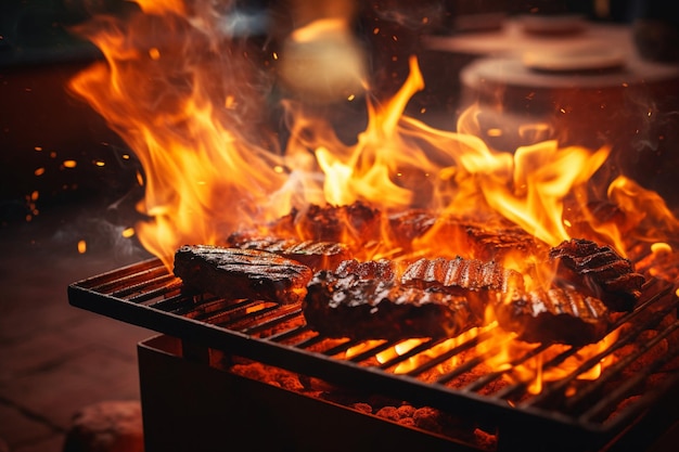 Vlammen dansen op het oppervlak van een barbecue.