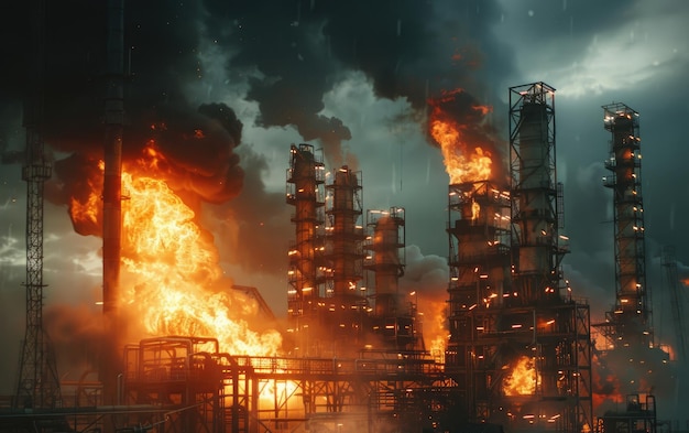 Vlammen die een olieraffinaderij overspoelen in het midden van een industriële ontploffing in een olierafinaderij