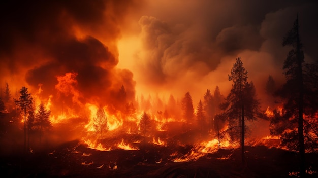 Vlammen overspoelen het bos Een woedende bosbrand overspoelt een bos