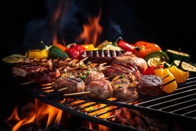 Vlammende BBQ-grill met diverse soorten vlees en groenten