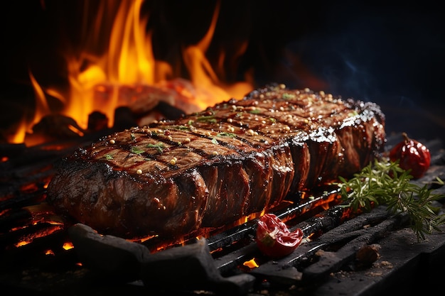 Vlammende biefstuk op de grill met vlamgeneratie