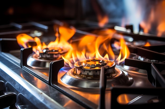 Vlammende gasbrander op het fornuis van de huishoudelijke keuken