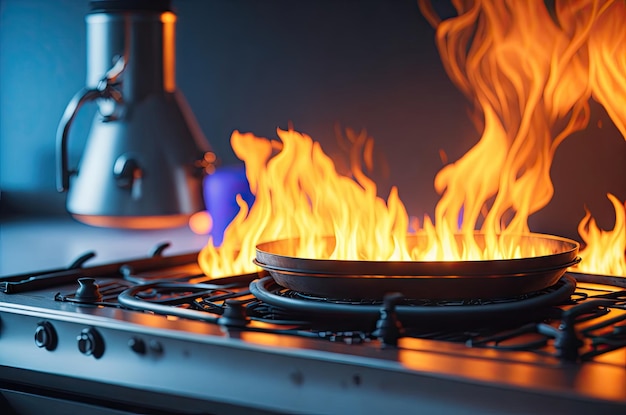 Foto vlammende gasbranders op huishoudelijke keuken ai generatief