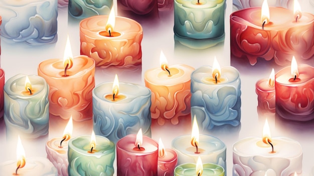 Vlammende kaarsen aquarel naadloze patroon AI gegenereerd
