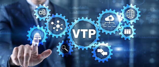 VLAN Trunking Protocol Technologienetwerken cocept blauwe achtergrond