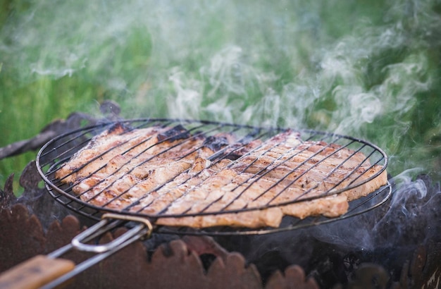 Vlees bakt op de ronde grill