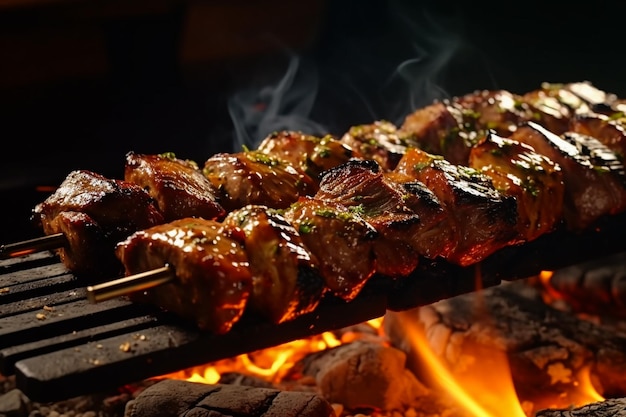 Vlees- en groenteschotels op de grill in de natuur