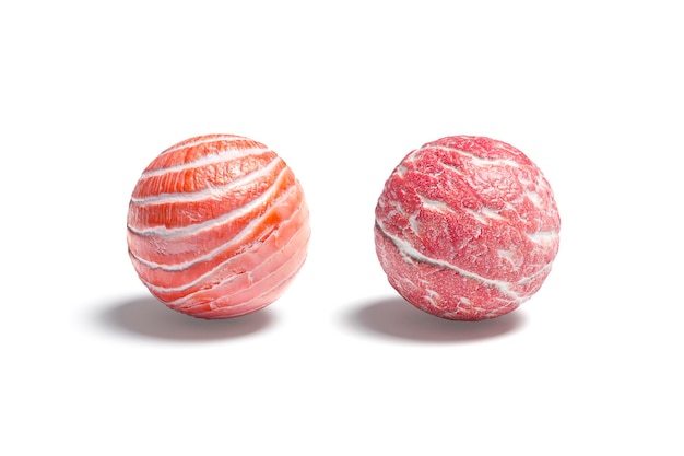 Vlees- en visbal Verse ronde zalm- en maaltijdstructuur Oppervlak met gekleurde geometrie