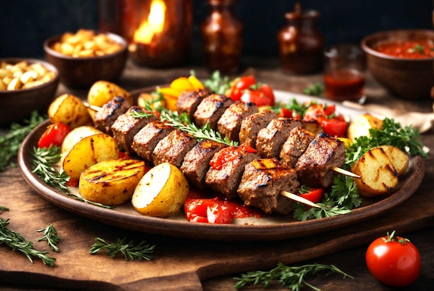 vlees kebab met gegrilde aardappelen en groenten met saus