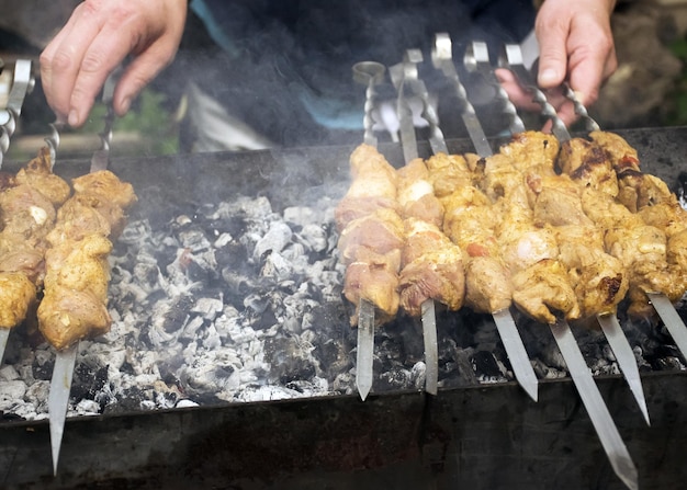 Vlees kookt op hete kolen in de rook Picknick in de natuur Varkensvlees wordt gebakken op de grill