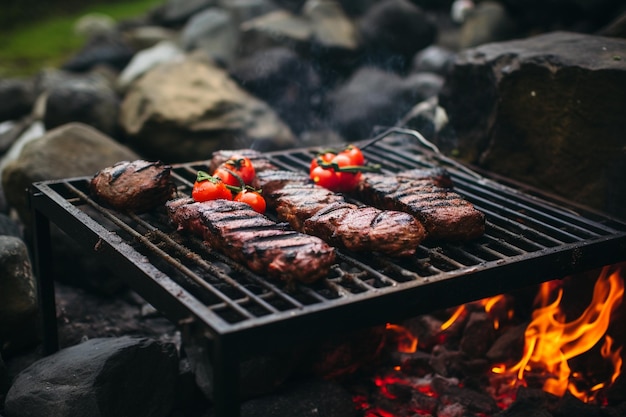 Vlees op barbecue in de natuur