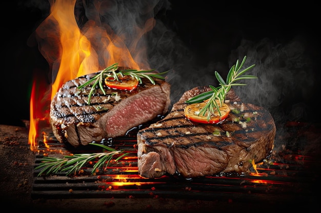 Vlees op de barbecue met vuur op de donkere achtergrond Generatieve AI