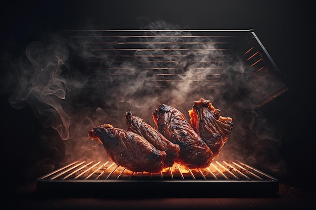 Vlees op de grill vliegt in de lucht Zwevende AI-generatie van voedsel