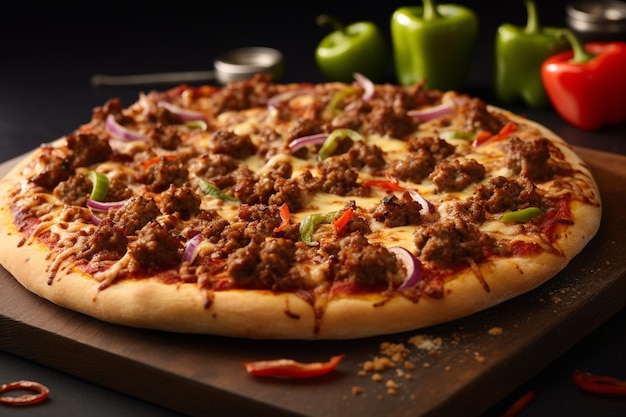 Vlees pizza groene peper rode ui kaas rundvlees en barbecue saus