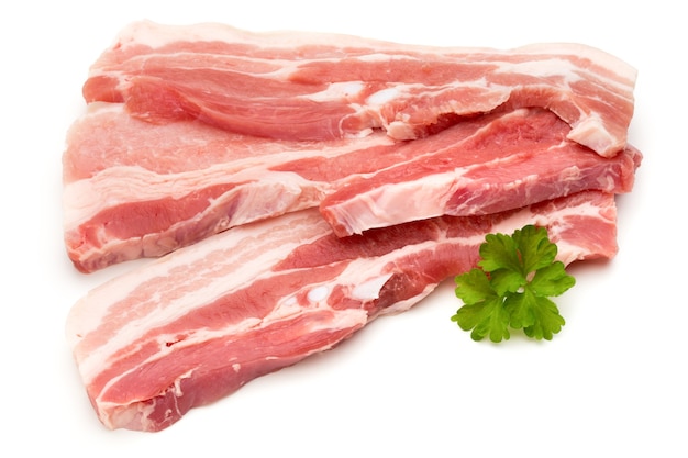 Vlees Varkensvlees Plakken Geïsoleerd Op De Witte Achtergrond.