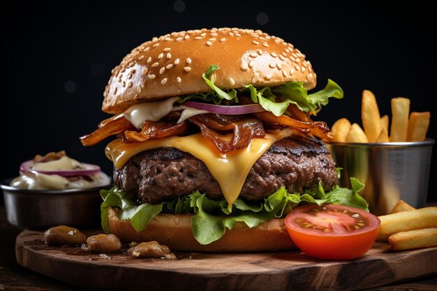 Vleesburger met friet op tafel.