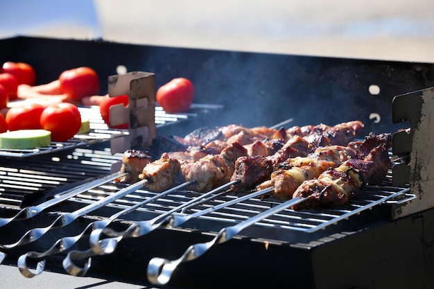 Vleespennen en groenten op de close-up van de barbecuegrill