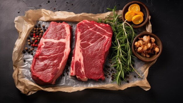 Vleesproducten in plastic verpakkingen met beenderen en steak op zwarte steen achtergrond