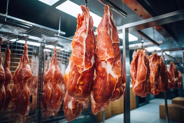 Vleesverwerkingsbedrijf Geheven vlees voor verdere verwerking in de productiehal De komst van jamon of vleeswaren Natuurlijk vers vleesproduct Productie van varkensvlees of rundvlees in een moderne onderneming