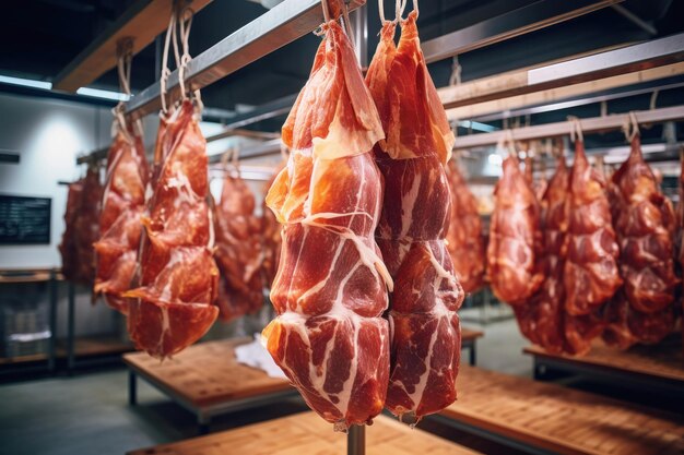 Vleesverwerkingsfabriek Geboorte vlees voor verdere verwerking in de productiehal De aankomst van jamon of koude stukken Natuurlijk vers vleesproduct Productie van varkensvlees of rundvlees in een moderne onderneming