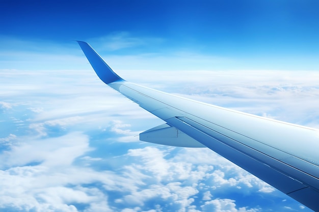 Vleugel van een vliegtuig op blauwe achtergrond 3D-illustratie