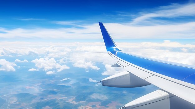 Vleugel van een vliegtuig op blauwe lucht en witte wolken op de achtergrond 3D-rendering