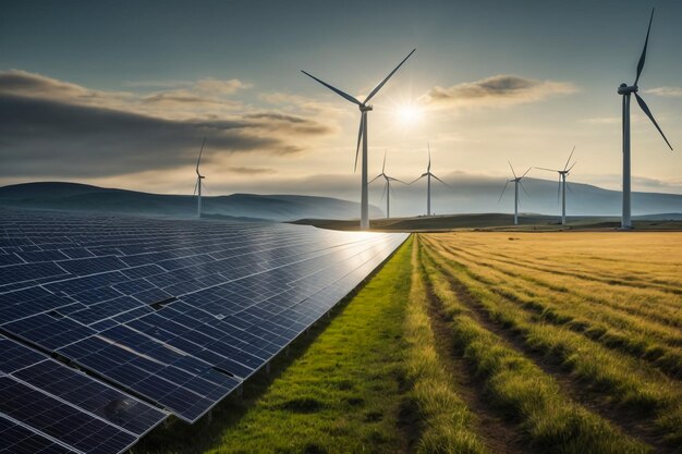 Vliegen boven een prachtig uitzicht op zonnepanelen op het groene veld