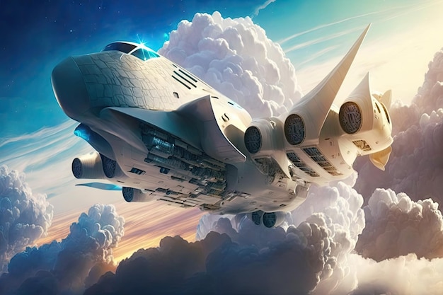 Vliegen boven wolken en vracht afleveren aan astronauten futuristisch vrachtvliegtuig van de toekomst gemaakt met