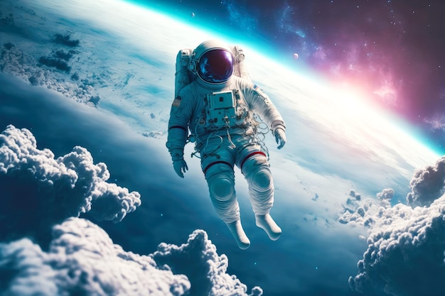 Vliegen in atmosfeer zwevende astronaut boven wolken op de planeet