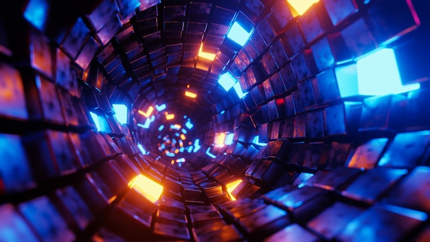 Vliegen in een tunnel met gloeiende kubussen 3D-rendering illustratie
