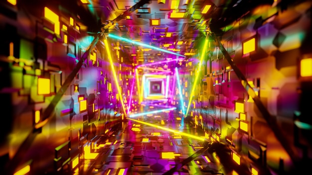 Vliegen in een tunnel met knipperende veelkleurige fluorescerende lichten 3D-rendering illustratie