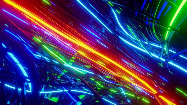 Vliegen in veelkleurige optische kabels 3D-rendering illustratie