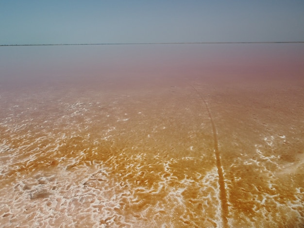Foto vliegen over een roze zoutmeer, zoutproductiefaciliteiten, zoutverdampingsvijvervelden in de zoute