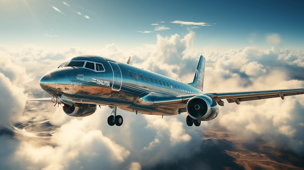 Vliegend blauw vliegtuig dat met snelheid opstijgt voor een zakenreis