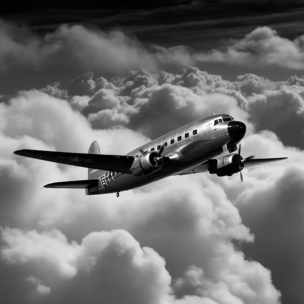 Foto vliegend vliegtuig tegen de hemel met wolken in zwart-wit gemaakt met behulp van generatieve ai-technologie