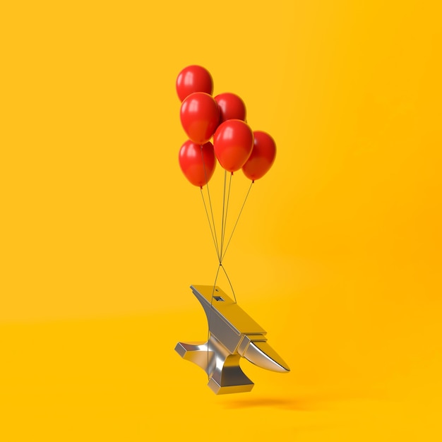 Vliegende aambeeld met ballonnen op gele achtergrond 3D render illustratie